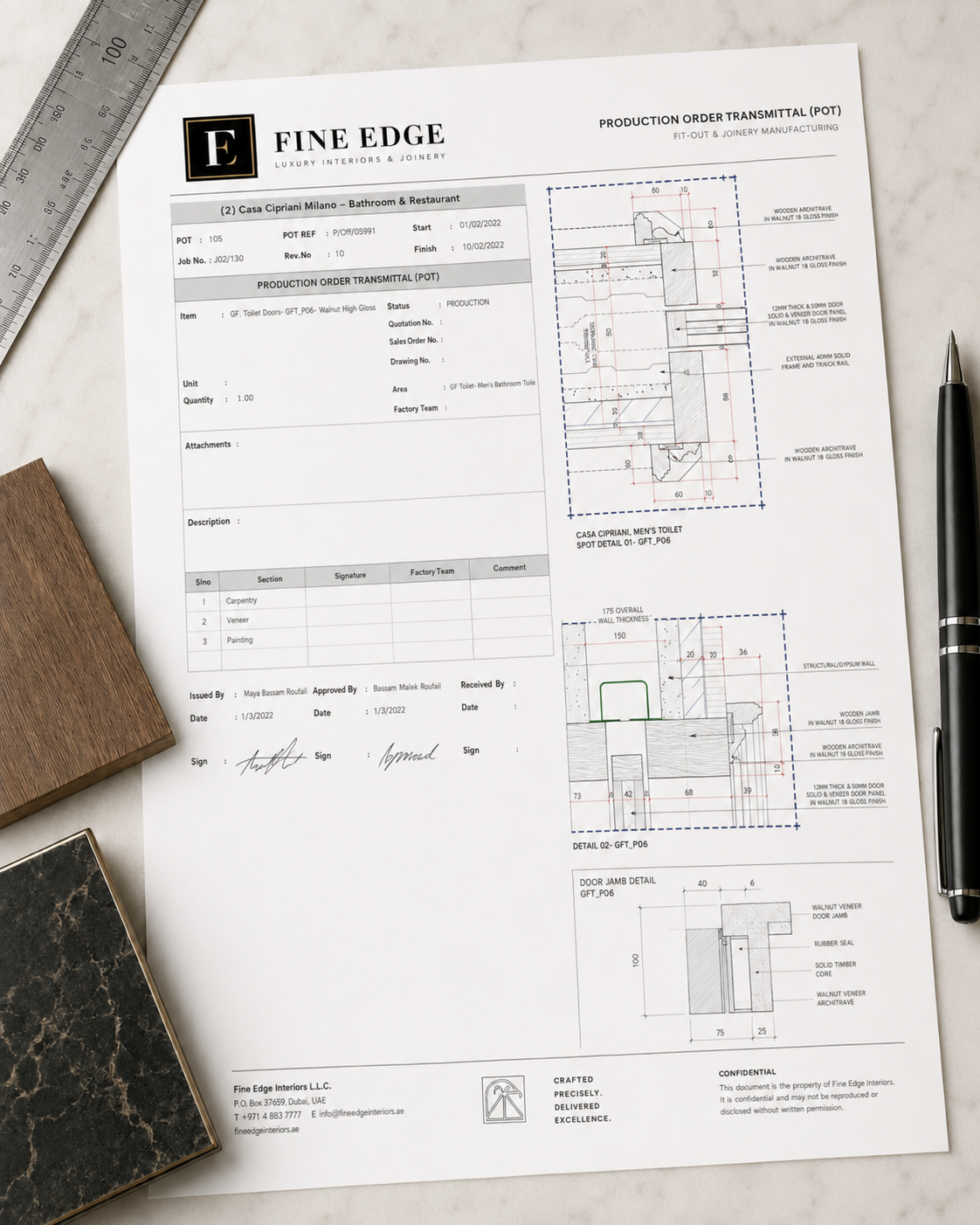 Fine Edge Production Order Transmittal — bathroom door in high-gloss walnut, issued and signed prior to fabrication